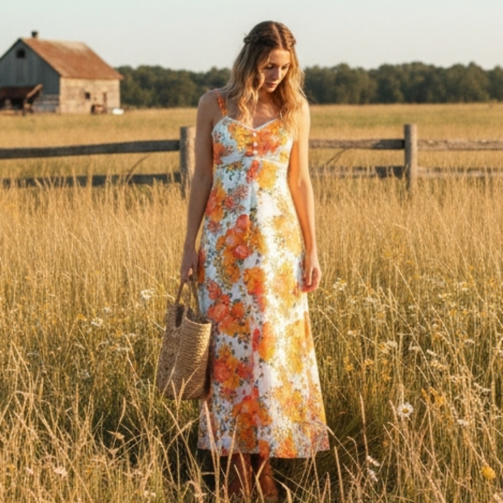 Vintage 70s Prairie Cottagecore Floral Cotton Maxi Dress SZ XS/S
